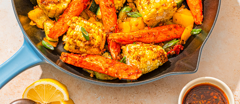 Close-up of seafood skillet with Ocean Legs